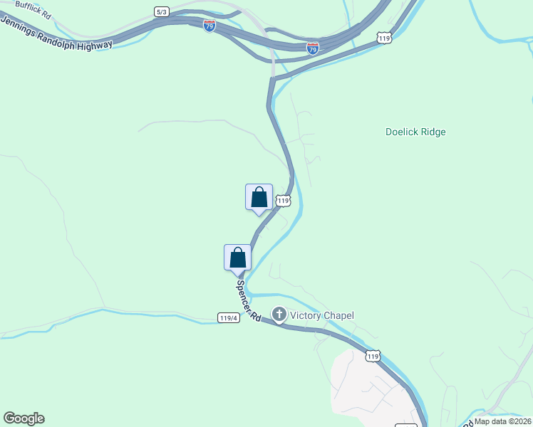 map of restaurants, bars, coffee shops, grocery stores, and more near 2517 Weeden Lane in Clendenin