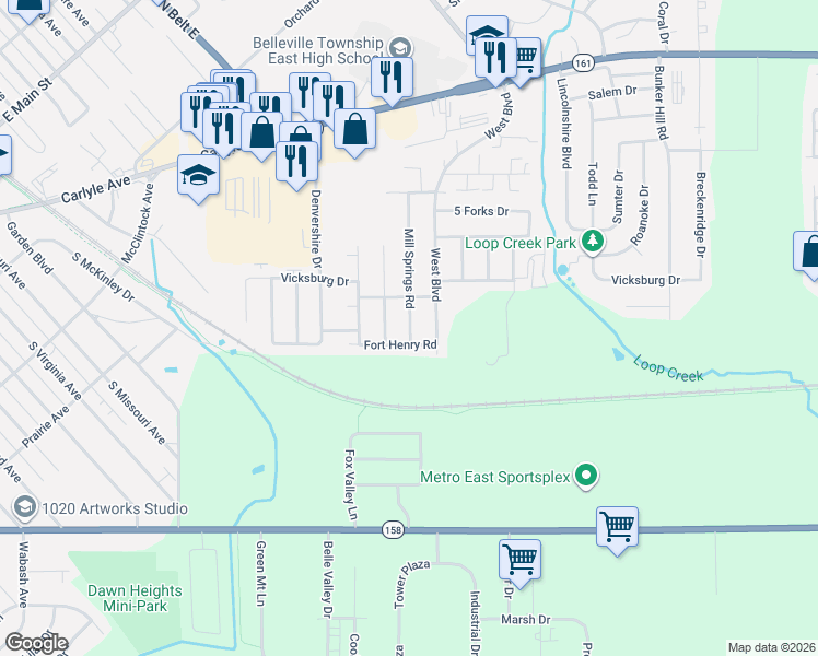 map of restaurants, bars, coffee shops, grocery stores, and more near 3317 Mill Springs Road in Belleville