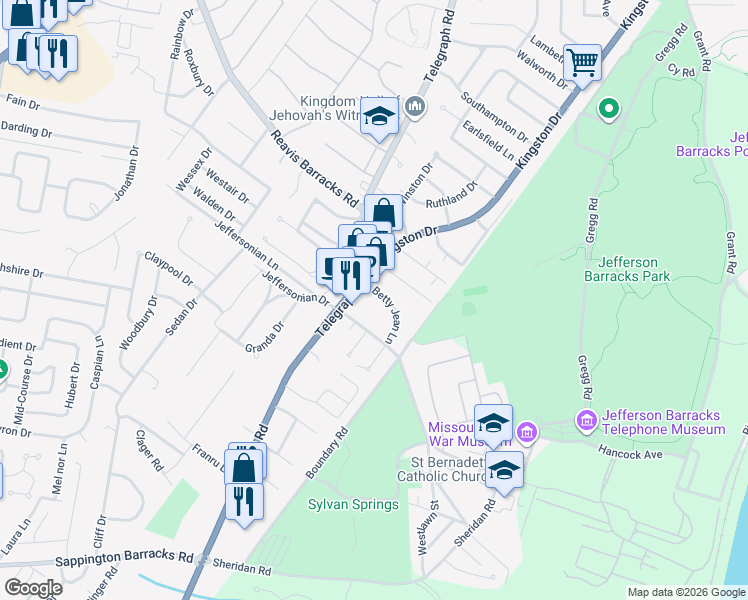 map of restaurants, bars, coffee shops, grocery stores, and more near 2650 Telegraph Road in St. Louis