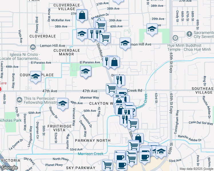 map of restaurants, bars, coffee shops, grocery stores, and more near 5895 Stockton Boulevard in Sacramento