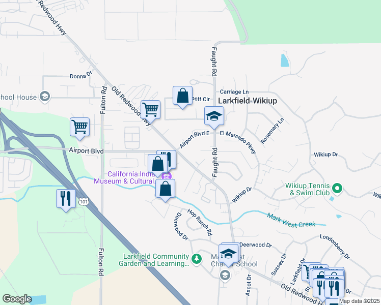 map of restaurants, bars, coffee shops, grocery stores, and more near 5252 Old Redwood Highway in Larkfield-Wikiup