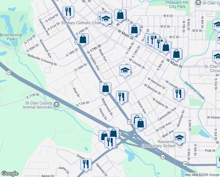 map of restaurants, bars, coffee shops, grocery stores, and more near 604 South 11th Street in Belleville