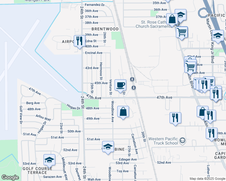 map of restaurants, bars, coffee shops, grocery stores, and more near 6321 Ventura Street in Sacramento
