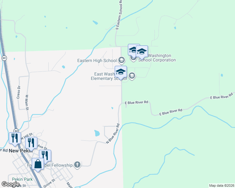 map of restaurants, bars, coffee shops, grocery stores, and more near 945 North Eastern School Road in New Pekin