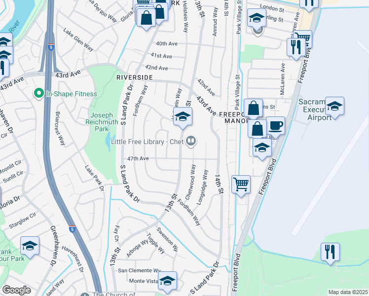 map of restaurants, bars, coffee shops, grocery stores, and more near 6361 13th Street in Sacramento