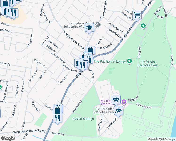 map of restaurants, bars, coffee shops, grocery stores, and more near 2650 Telegraph Road in St. Louis