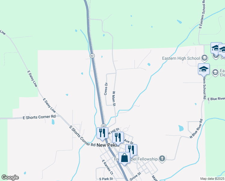 map of restaurants, bars, coffee shops, grocery stores, and more near 503 West Main Street in New Pekin