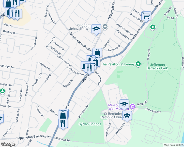 map of restaurants, bars, coffee shops, grocery stores, and more near 2650 Telegraph Road in St. Louis