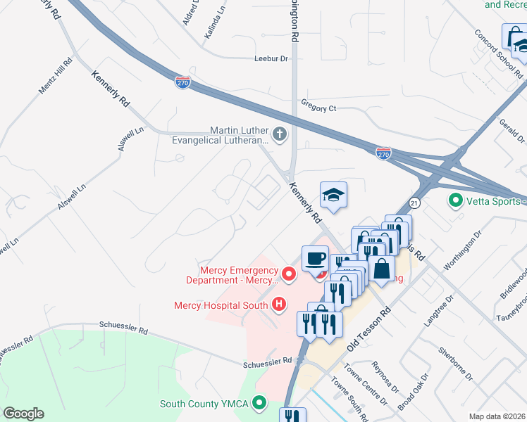map of restaurants, bars, coffee shops, grocery stores, and more near 12641 Eime Drive in Sappington