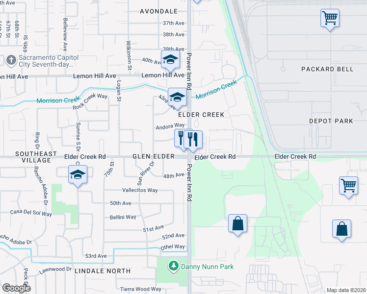 map of restaurants, bars, coffee shops, grocery stores, and more near 6368 Power Inn Road in Sacramento