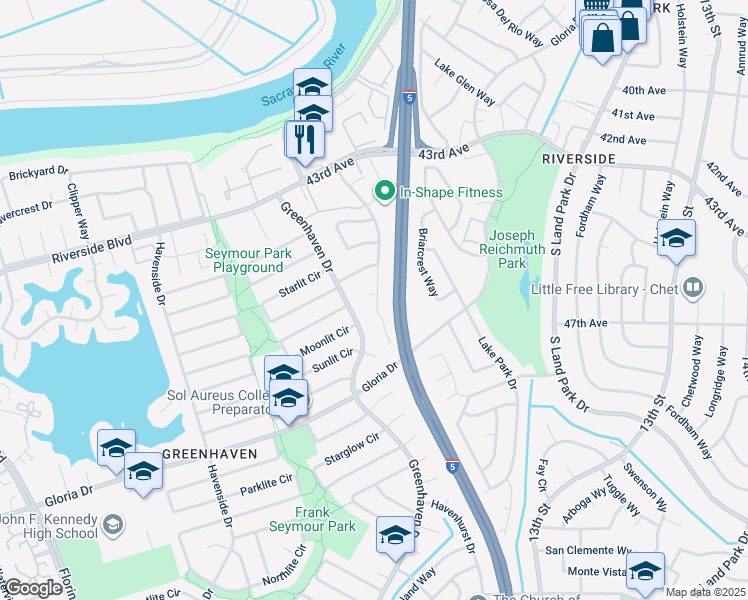 map of restaurants, bars, coffee shops, grocery stores, and more near 6401 Greenhaven Drive in Sacramento