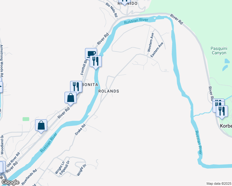 map of restaurants, bars, coffee shops, grocery stores, and more near 15019 Laurel Lane in Guerneville