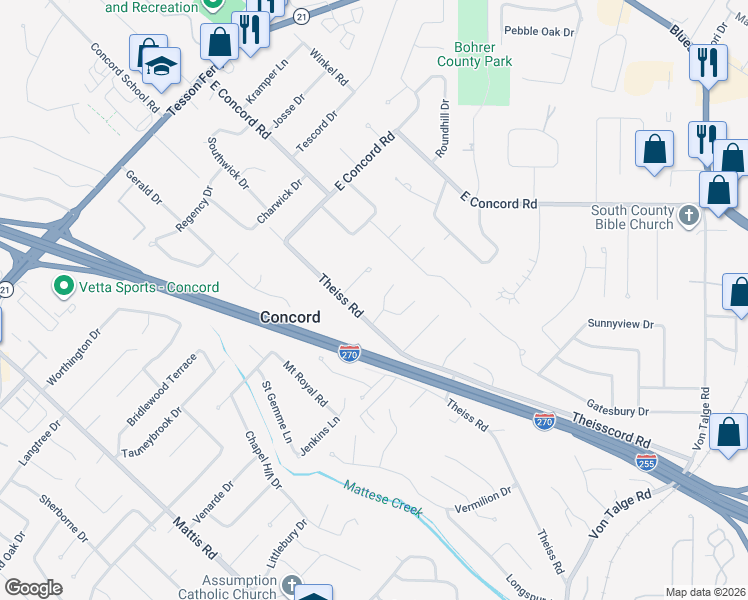 map of restaurants, bars, coffee shops, grocery stores, and more near 4327 Carrie Beth Lane in Saint Louis