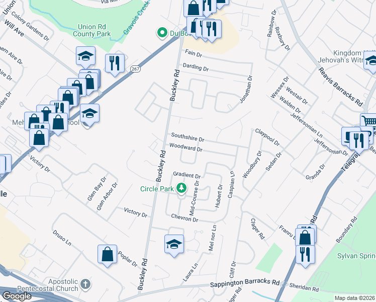 map of restaurants, bars, coffee shops, grocery stores, and more near 762 Woodward Drive in St. Louis