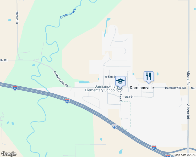 map of restaurants, bars, coffee shops, grocery stores, and more near 204 West Main Street in Damiansville