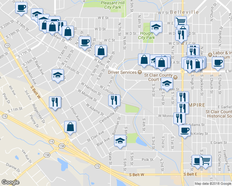 map of restaurants, bars, coffee shops, grocery stores, and more near 606 West Lincoln Street in Belleville
