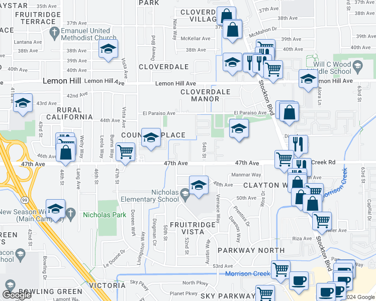map of restaurants, bars, coffee shops, grocery stores, and more near 5125 47th Avenue in Sacramento