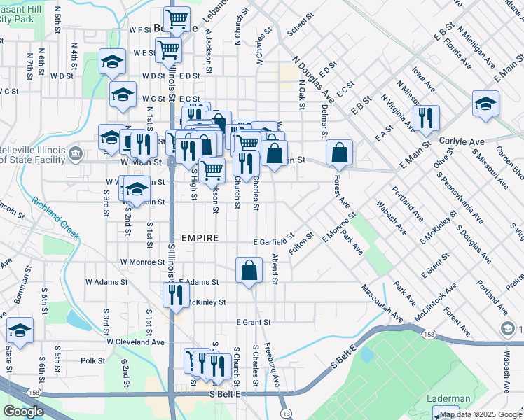 map of restaurants, bars, coffee shops, grocery stores, and more near 218 South Charles Street in Belleville
