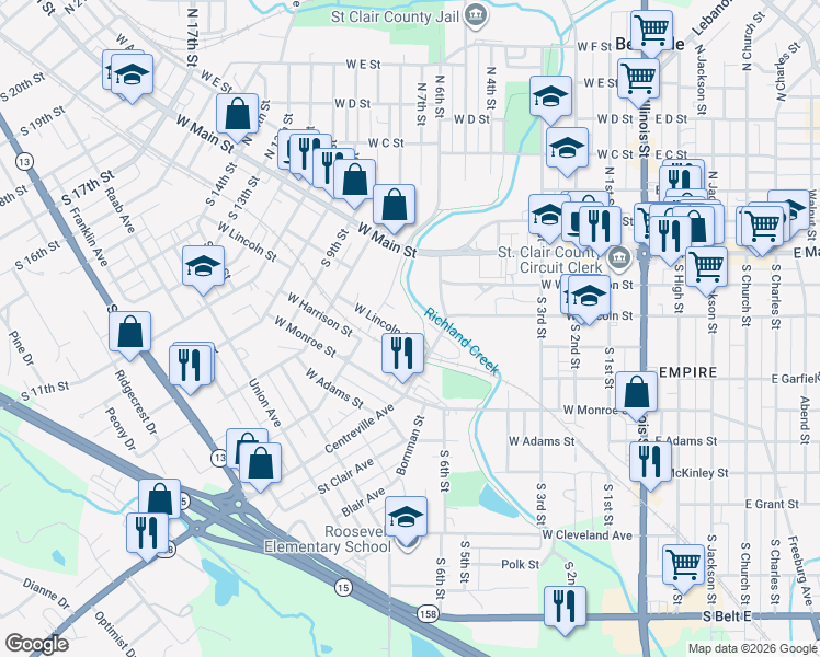 map of restaurants, bars, coffee shops, grocery stores, and more near 606 West Lincoln Street in Belleville