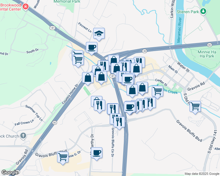 map of restaurants, bars, coffee shops, grocery stores, and more near 714 Gravois Road in Fenton