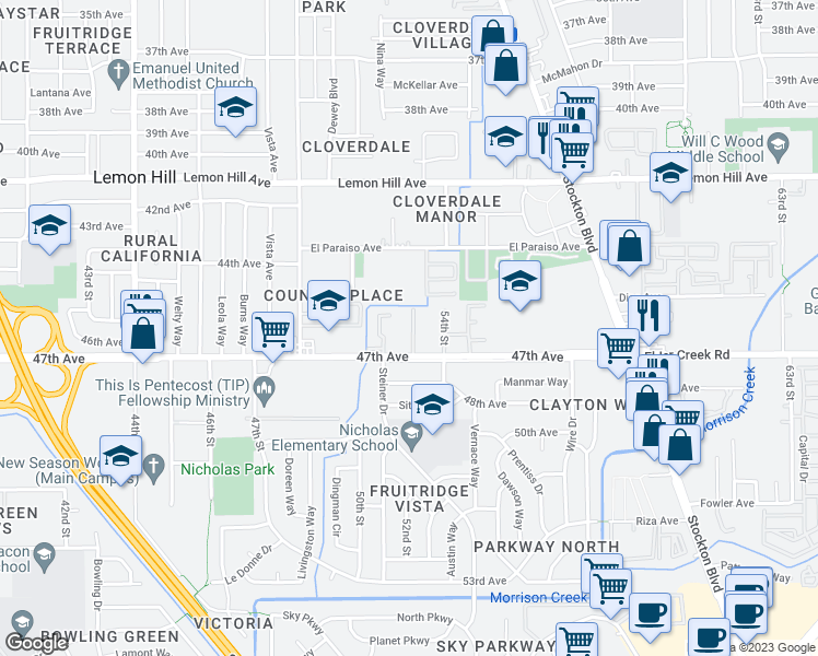 map of restaurants, bars, coffee shops, grocery stores, and more near 5125 47th Avenue in Sacramento