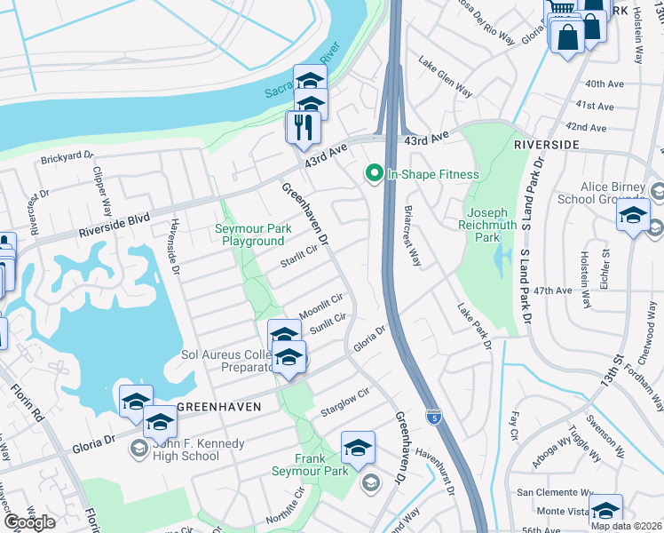 map of restaurants, bars, coffee shops, grocery stores, and more near 6366 Greenhaven Drive in Sacramento