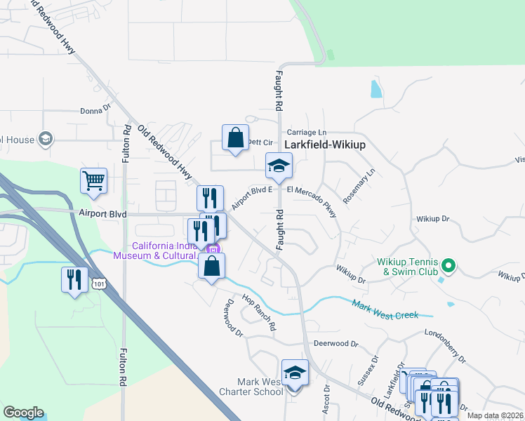 map of restaurants, bars, coffee shops, grocery stores, and more near 341 Vintage Glen Court in Santa Rosa