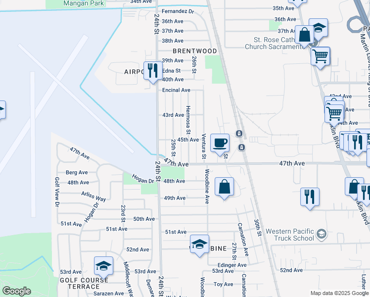 map of restaurants, bars, coffee shops, grocery stores, and more near 6340 Hermosa Street in Sacramento