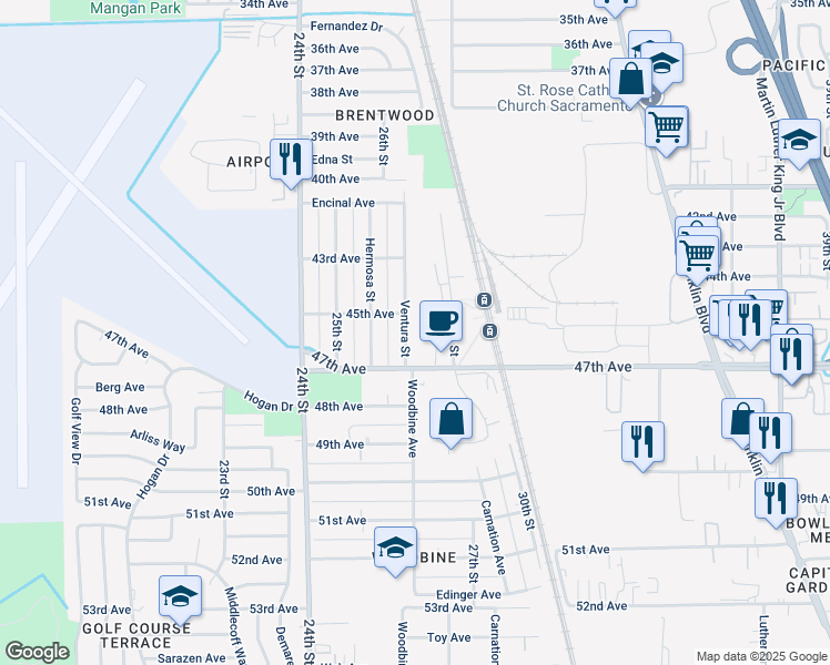 map of restaurants, bars, coffee shops, grocery stores, and more near 6321 Ventura Street in Sacramento