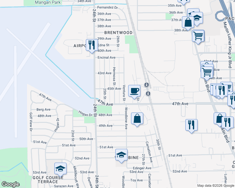 map of restaurants, bars, coffee shops, grocery stores, and more near 6354 Hermosa Street in Sacramento
