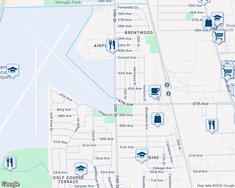 map of restaurants, bars, coffee shops, grocery stores, and more near 6343 24th Street in Sacramento