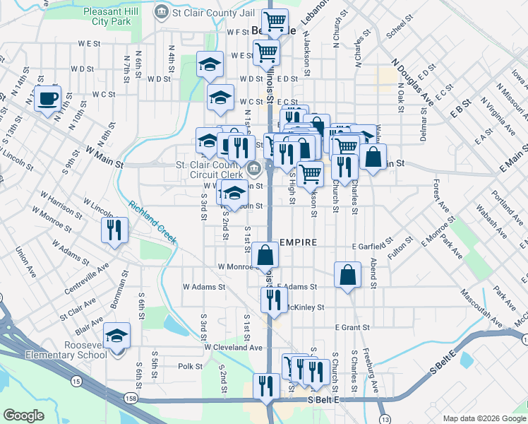 map of restaurants, bars, coffee shops, grocery stores, and more near 219 South Illinois Street in Belleville