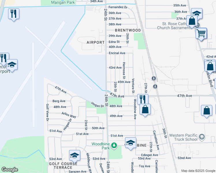 map of restaurants, bars, coffee shops, grocery stores, and more near 6343 24th Street in Sacramento