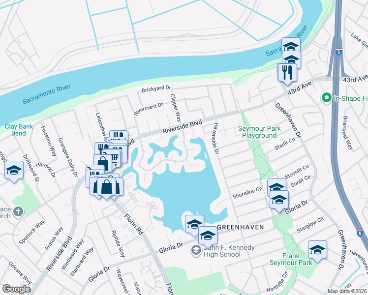 map of restaurants, bars, coffee shops, grocery stores, and more near 6 Hideout Court in Sacramento