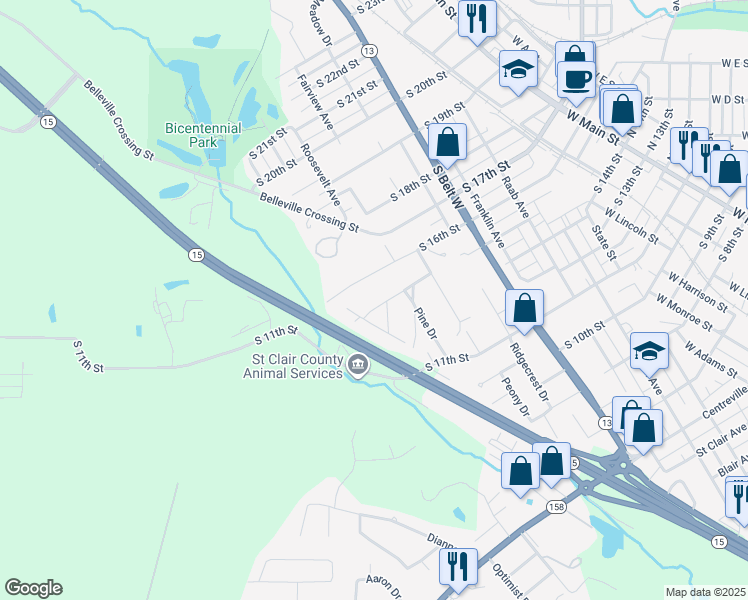 map of restaurants, bars, coffee shops, grocery stores, and more near 711 South 15th Street in Belleville