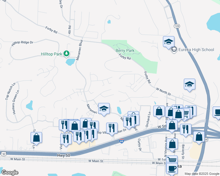 map of restaurants, bars, coffee shops, grocery stores, and more near 92 Edward Drive in Eureka