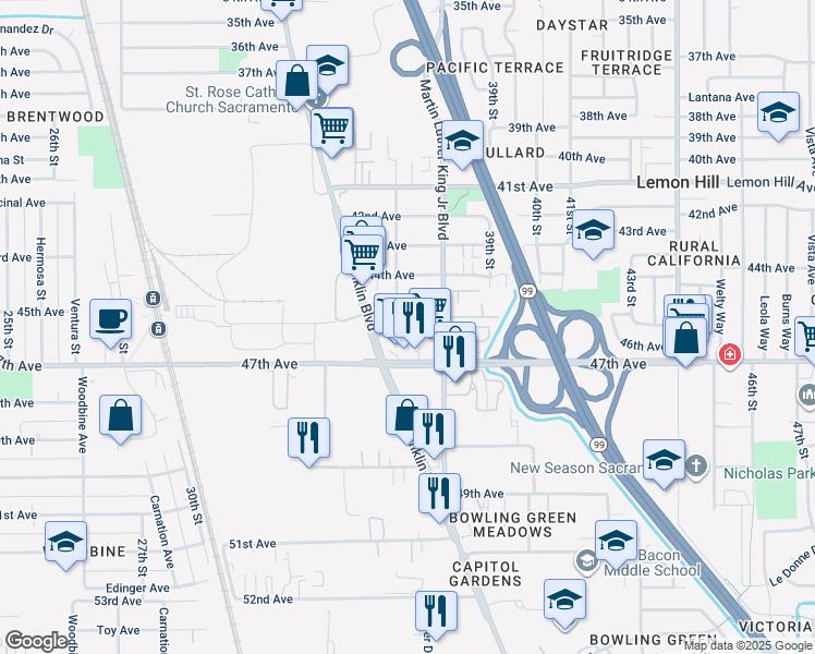 map of restaurants, bars, coffee shops, grocery stores, and more near 3720 46th Avenue in Sacramento