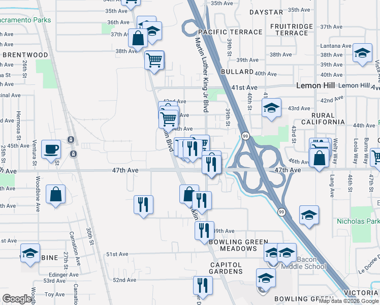 map of restaurants, bars, coffee shops, grocery stores, and more near 3720 46th Avenue in Sacramento