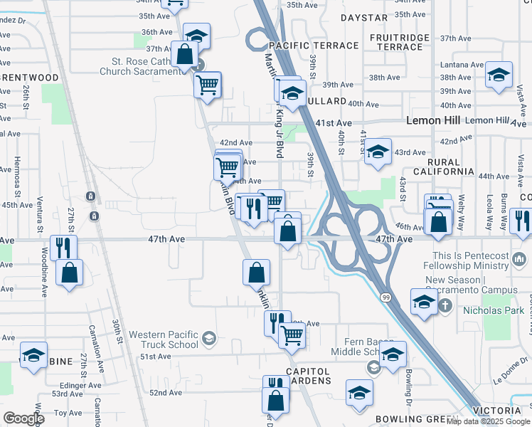 map of restaurants, bars, coffee shops, grocery stores, and more near 3801 46th Avenue in Sacramento