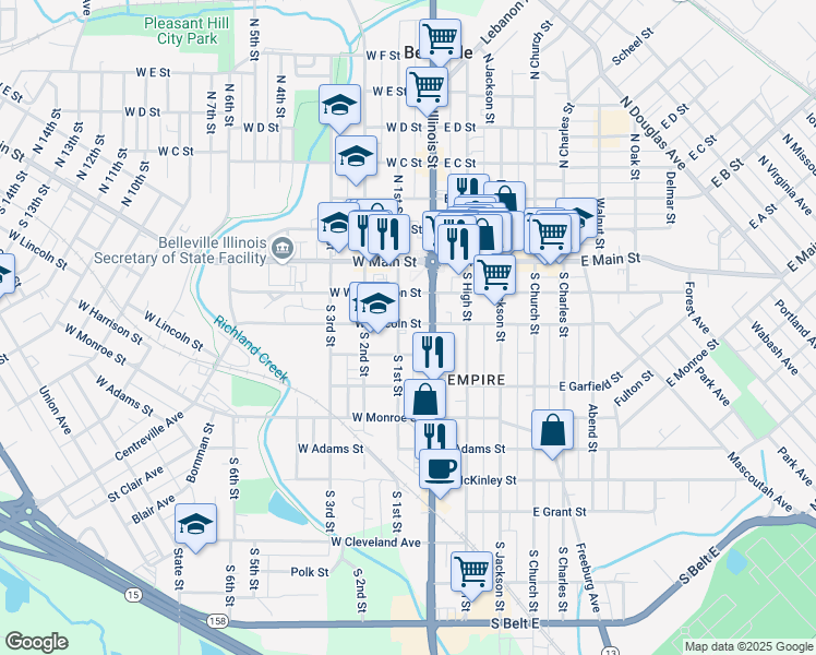 map of restaurants, bars, coffee shops, grocery stores, and more near 219 South Illinois Street in Belleville