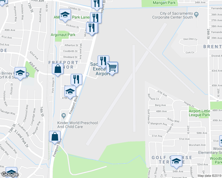 map of restaurants, bars, coffee shops, grocery stores, and more near 6289 Freeport Boulevard in Sacramento