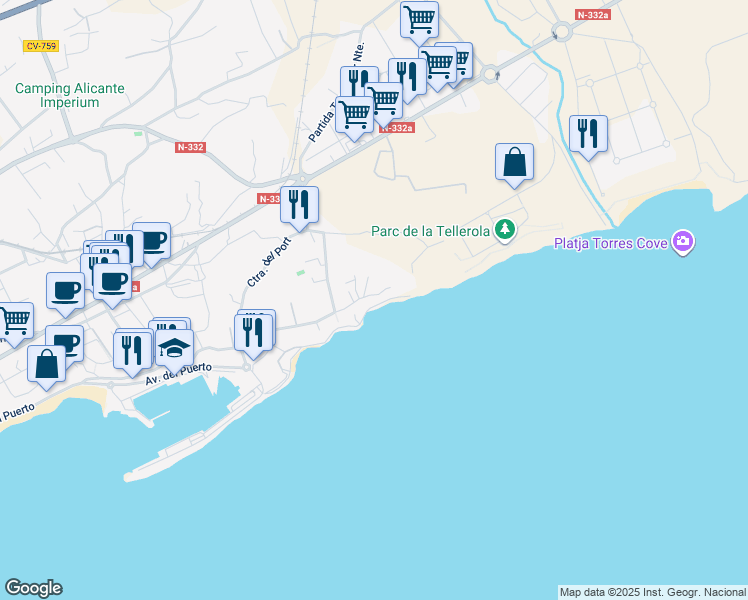 map of restaurants, bars, coffee shops, grocery stores, and more near 17 Barri la Almadrava in La Vila Joiosa