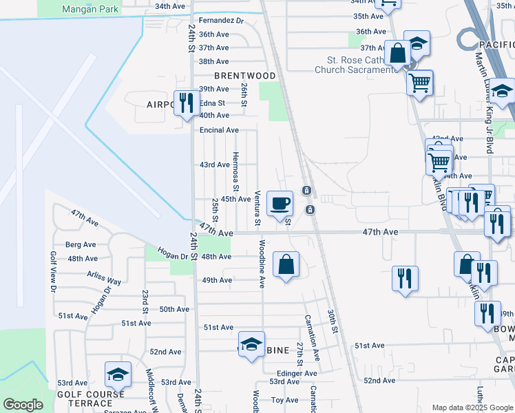 map of restaurants, bars, coffee shops, grocery stores, and more near 6321 Ventura Street in Sacramento