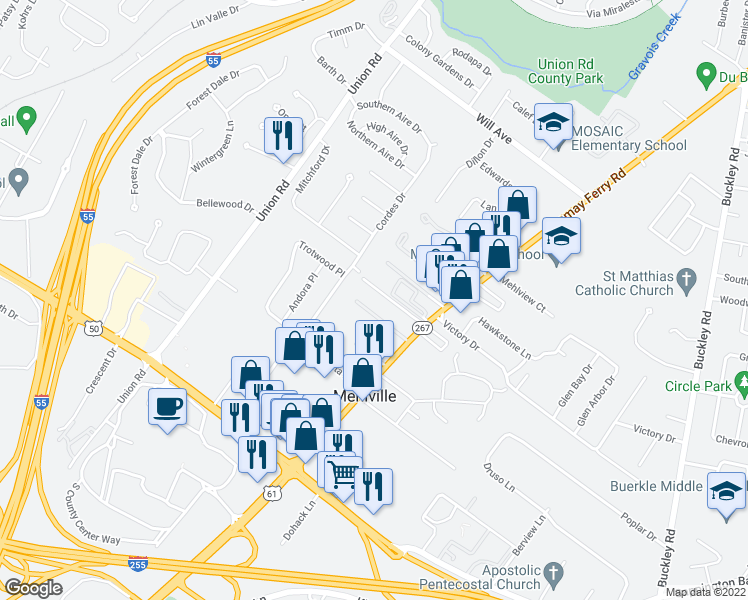 map of restaurants, bars, coffee shops, grocery stores, and more near 3846 Lemay Village Lane in St. Louis