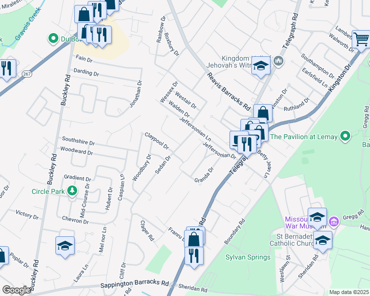 map of restaurants, bars, coffee shops, grocery stores, and more near 581 Claypool Drive in St. Louis
