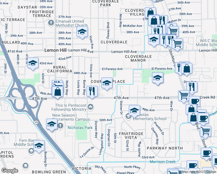 map of restaurants, bars, coffee shops, grocery stores, and more near 4903 47th Avenue in Sacramento