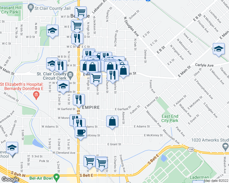 map of restaurants, bars, coffee shops, grocery stores, and more near 218 South Charles Street in Belleville