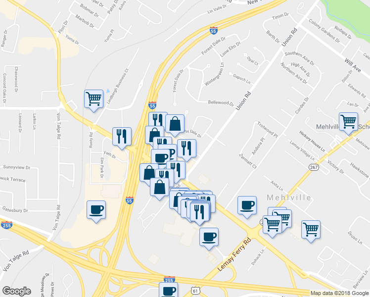 map of restaurants, bars, coffee shops, grocery stores, and more near 3929 Union Road in St. Louis
