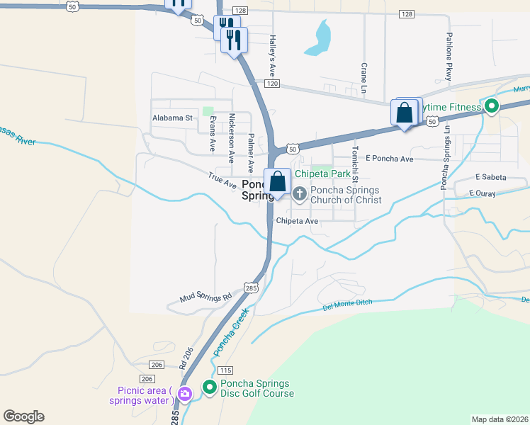 map of restaurants, bars, coffee shops, grocery stores, and more near 6120 US Highway 285 in Poncha Springs