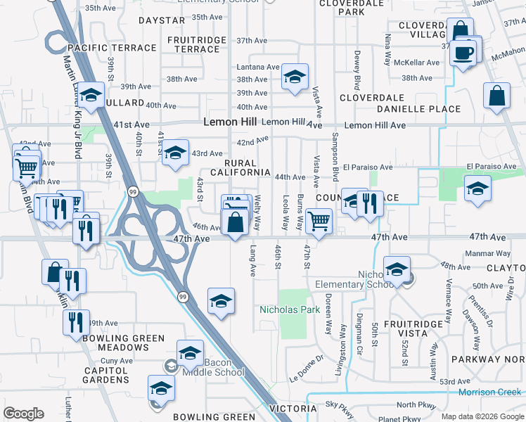 map of restaurants, bars, coffee shops, grocery stores, and more near 6237 Welty Way in Sacramento